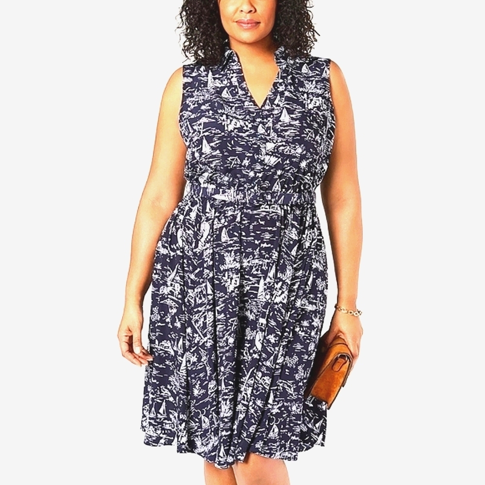 CHARTER CLUB SIZE 10 PETITE NAVY BLUE SCENIC‎ BEACH VACATION SUMMER DRESS